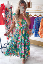 Load image into Gallery viewer, Green Floral Print Sleeveless Ruffle Tiered Maxi Dress