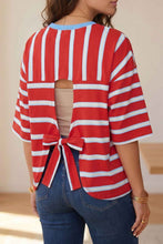 Load image into Gallery viewer, Racing Red Striped Bow Tie Hollowed Back 7/8 Sleeve Casual T-Shirt