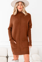 Load image into Gallery viewer, Chestnut Ribbed High Neck Front Pockets Center Seam Shift Sweater Dress