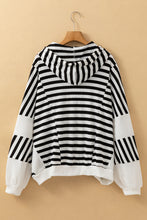 Load image into Gallery viewer, Black white Oversized Striped Henley Buttons Dolman Sleeve Hooded Top