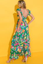 Load image into Gallery viewer, Green Floral Print Sleeveless Ruffle Tiered Maxi Dress