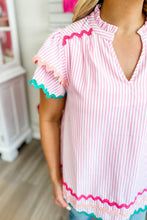 Load image into Gallery viewer, Pink Stripe Ricrac Trim Split Neck Striped Ruffled Sleeve Blouse