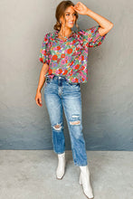Cargar imagen en el visor de la galería, Red Floral Tie Split Neck Ruffle Puff Sleeve Blouse