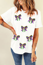 Load image into Gallery viewer, White Sequin Mardi Gras Bow Graphic Crewneck Tee