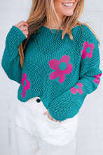 Load image into Gallery viewer, Sea Green Big Flower Hollowed Knit Drop Shoulder Sweater
