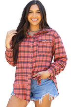 Cargar imagen en el visor de la galería, Red Plaid Long Sleeeve Side Split Distressed Hem Shirt
