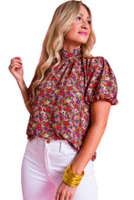 Cargar imagen en el visor de la galería, Purple Floral Print Knotted High Neck Puff Sleeve Blouse