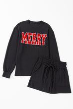 Load image into Gallery viewer, Black Corded MERRY Graphic Long Sleeve Top and Shorts Set