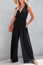 Load image into Gallery viewer, Black Deep V Pleated Crisscross Wide Leg Backless Jumpsuit