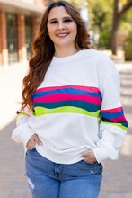 Cargar imagen en el visor de la galería, White Plus Size Colorful Striped Drop Shoulder Loose Sweatshirt