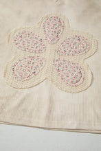 Load image into Gallery viewer, Beige Floral Patched Waffle Textured Colorblock V Neck Casual Hooded Top