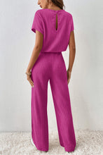 Load image into Gallery viewer, Rose Red Solid Color Ribbed Short Sleeve Wide Leg Jumpsuit
