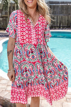 Cargar imagen en el visor de la galería, Pink Bohemian Print Tie Neck Ruffle Hem Short Dress