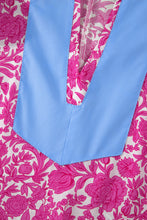 Load image into Gallery viewer, Pink Floral Print Color Block Patchwork V Neck Short Sleeve Midi Dress
