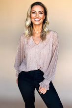 Load image into Gallery viewer, Light Pink V Neck Sequin Plisse Long Sleeve Blouse