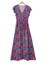 Load image into Gallery viewer, Blue Floral Print V Neck Wrap Split Maxi Dress