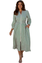 Load image into Gallery viewer, Green Stripe V Neck Zip Front Cinched High Waist Midi Dress