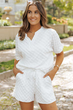 Load image into Gallery viewer, White Textured Split Neck Top and Drawstring Shorts Set