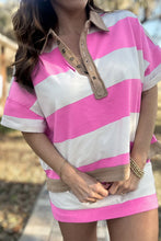 Cargar imagen en el visor de la galería, Rose Stripe Colorblock Trim Polo Tee Drawstring Mini Skort 2pcs Set