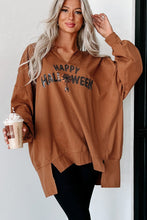 Load image into Gallery viewer, Chestnut Sequin Happy Halloween Graphic Notched Neck Long Sleeve Loose Top