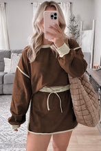 Load image into Gallery viewer, Coffee Color Contrast Loose Pullover and Lace-up Waist Skort Set