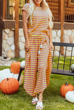 Load image into Gallery viewer, Yellow Stripe Rainbow Tee Tasseled String Wide Leg Pants Set