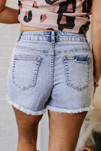 Load image into Gallery viewer, Beau Blue Pearl Studded Pockets Raw Hem Denim Shorts