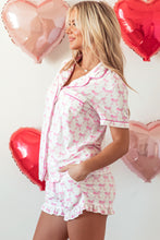 Load image into Gallery viewer, Pink Bowknot Printed Short Sleeve and Ruffled Shorts Valentines Pajama Set