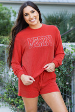 Cargar imagen en el visor de la galería, Racing Red Corded MERRY Graphic Long Sleeve Top and Shorts Set
