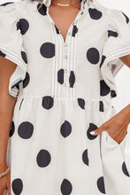 Load image into Gallery viewer, White Polka Dot Print Half Button Ruffled Short Sleeve Loose Mini Dress