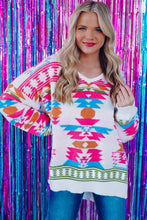Load image into Gallery viewer, White Oversize Aztec Print High Low V Neck Sweater
