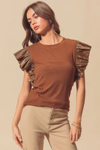 Load image into Gallery viewer, Cinnamon Leather Ruffle Sleeve Patchwork Round Neck Blouse