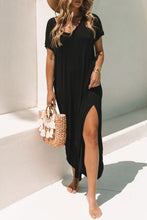 Cargar imagen en el visor de la galería, Black V Neck Hidden Pocket Splits Maxi T-shirt Dress