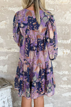 Load image into Gallery viewer, Purple Vintage Daisy Floral Puff Sleeve Ruffle Short Dress