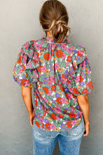 Cargar imagen en el visor de la galería, Red Floral Tie Split Neck Ruffle Puff Sleeve Blouse