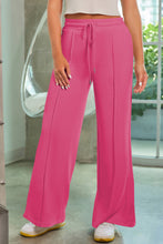 Cargar imagen en el visor de la galería, Rose Red Terry Knit Drawstring Smocked Waist Wide Leg Sweatpants