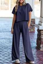 Load image into Gallery viewer, Navy Blue Raw Hem Loose Tee and Wide Leg Pants Set