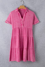 Load image into Gallery viewer, Strawberry Pink Mineral Wash Crinkle Split Neck Raw Hem Tiered Dress