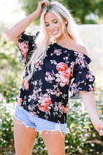 Load image into Gallery viewer, Blue Ruffle Off Shoulder Flounce Sleeve Floral Blouse