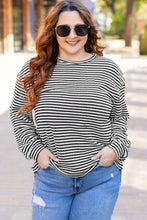 Load image into Gallery viewer, Black Stripe Drop Shoulder Puff Long Sleeve O Neck Plus Size T Shirt