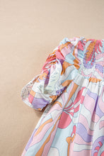 Load image into Gallery viewer, Pink Abstract Print Bubble Sleeve Smock Detail Blouse