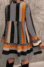 Load image into Gallery viewer, Black Striped Polka Dot Print Ruffled Hem V Neck Mini Dress