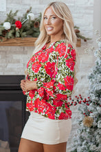 Cargar imagen en el visor de la galería, Red Floral Print Lace up V Neck Flounce Sleeve Blouse
