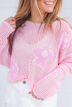 Load image into Gallery viewer, Light Pink Big Flower Hollowed Knit Drop Shoulder Sweater
