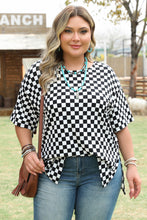 Load image into Gallery viewer, Black Checkered Print Side Slits O Neck Plus Size T Shirt