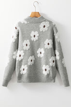 Load image into Gallery viewer, Gray Floral Pattern Half Zip Drop Shoulder Sweater