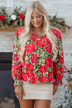 Cargar imagen en el visor de la galería, Red Floral Print Lace up V Neck Flounce Sleeve Blouse
