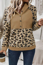 Cargar imagen en el visor de la galería, Light French Beige Leopard Print Patchwork Raglan Sleeve Half Buttons Hoodie