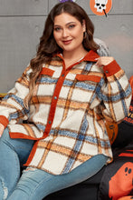 Load image into Gallery viewer, Brown Stripe Plus Size Plaid Print Collared Buttoned Jacket