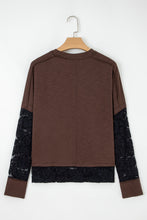 Load image into Gallery viewer, Dark Brown Sheer Lace Patchwork Casual Long Sleeve Tee